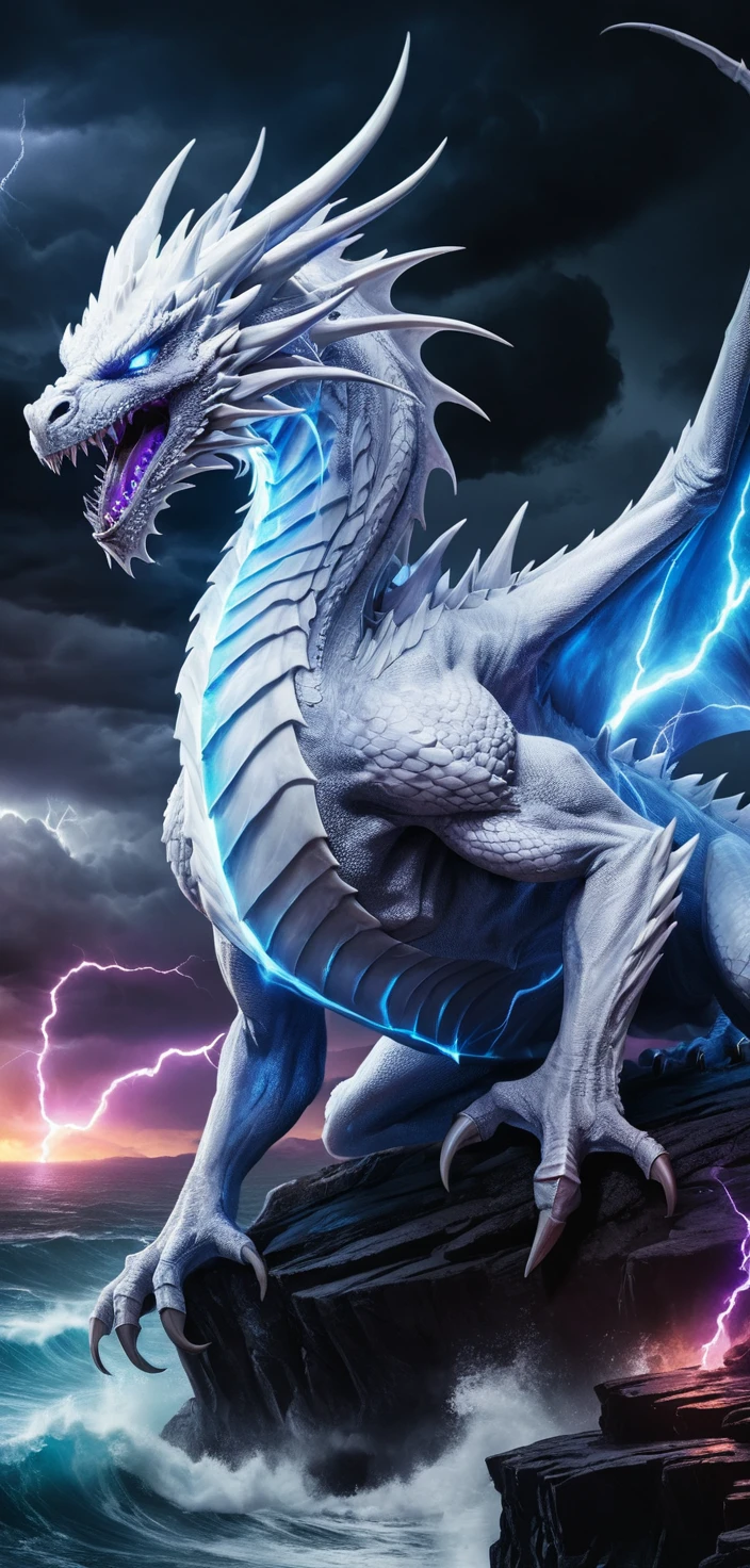 White dragon with blue fire eyes on stormy sea cliff