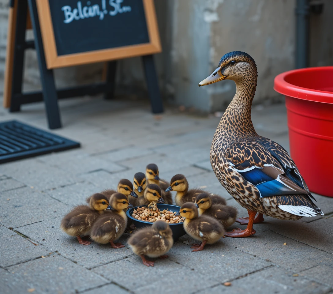 Mother duck with ducklings on a paved urban surface