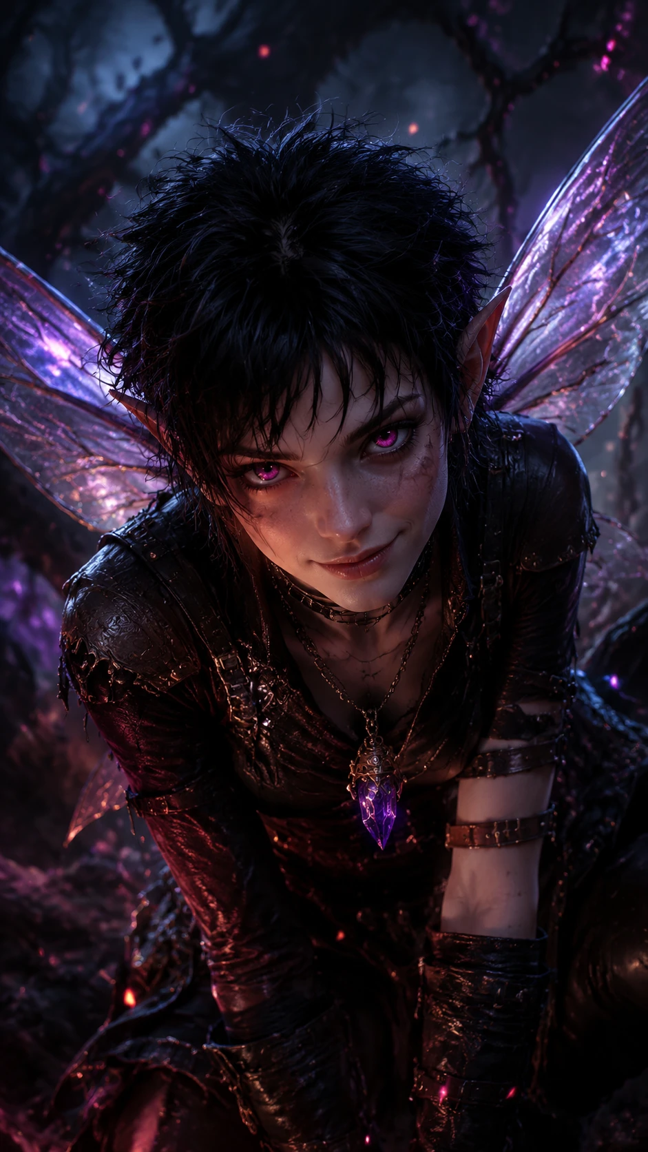 Mischievous dark fairy in a mystical forest close up