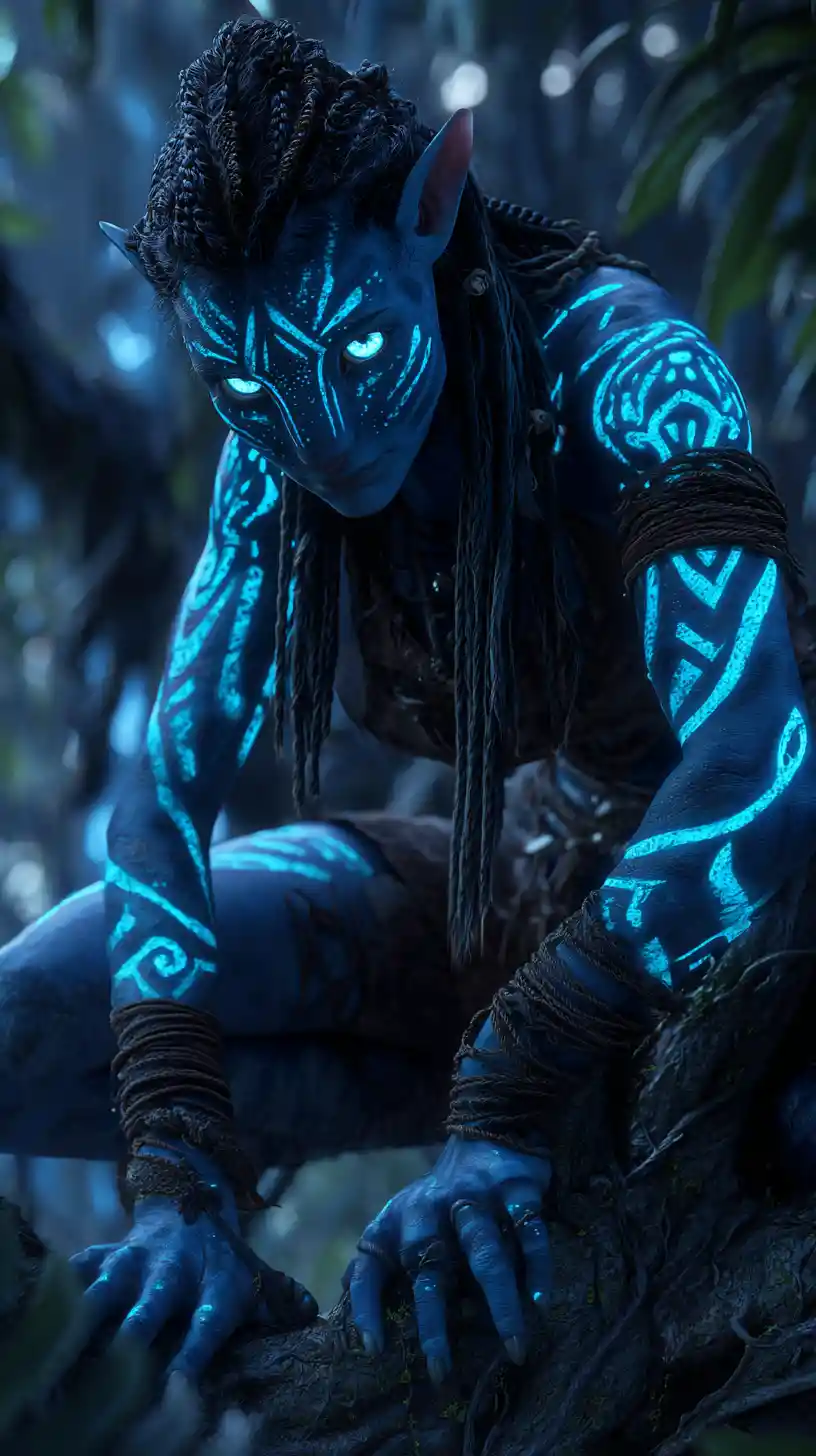 Bioluminescent feline woman crouched on a dark forest branch