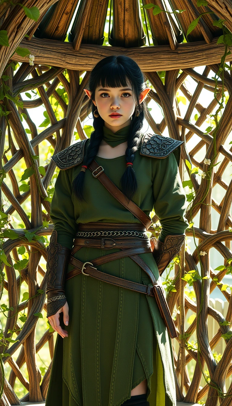 Elf warrior woman in a sunlit enchanted forest gazebo