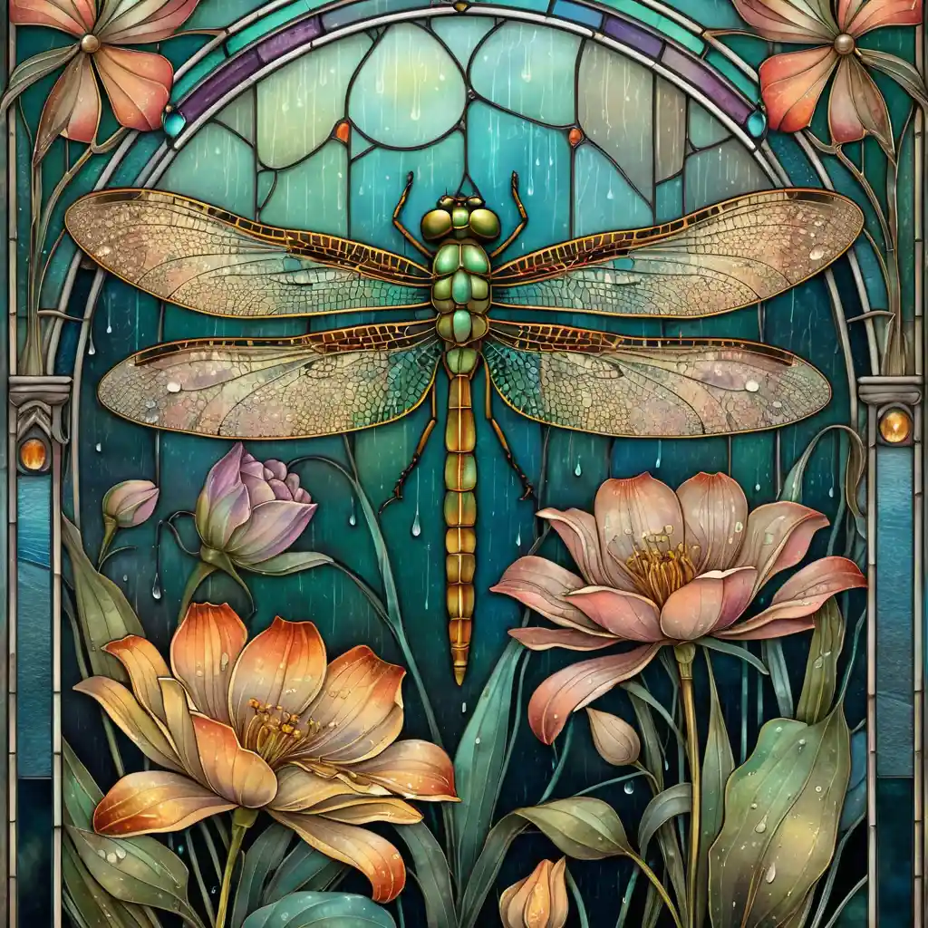 Libellula Sopra Fiori in un'Elegante Scena di Pioggia Art Nouveau