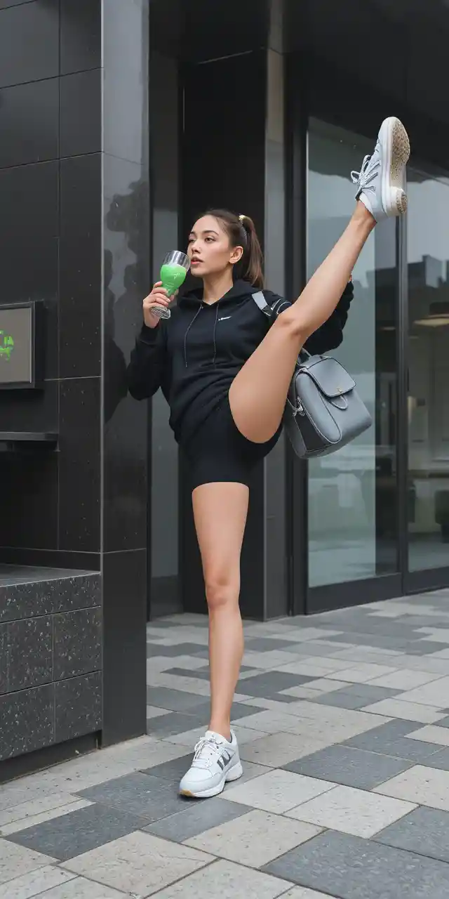 Athletic woman stretching in front split beside city building