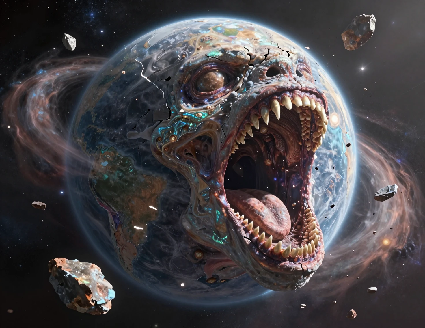 Colossal Cosmic Monster Devouring A Shattered Planet In Space