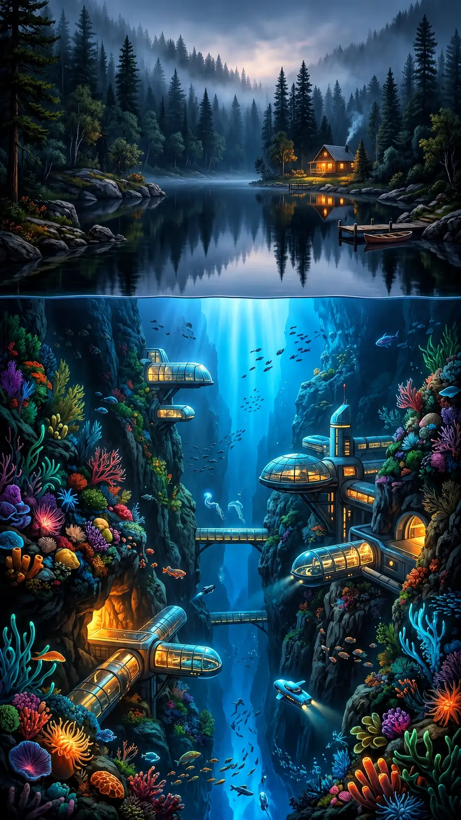 Mystical forest lake cross section with deep luminous gorge