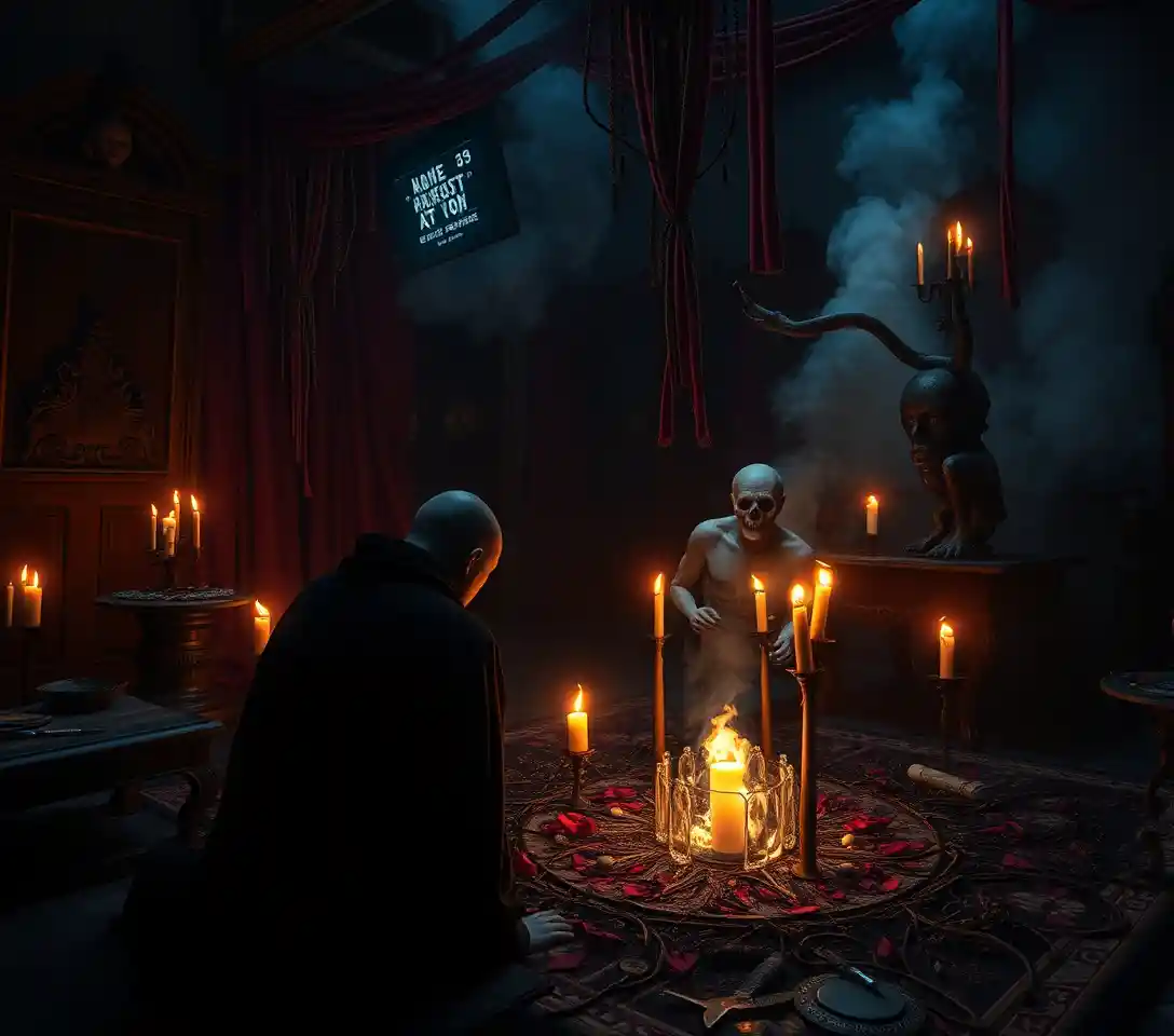 Mysterious woman at a surreal occult ritual altar