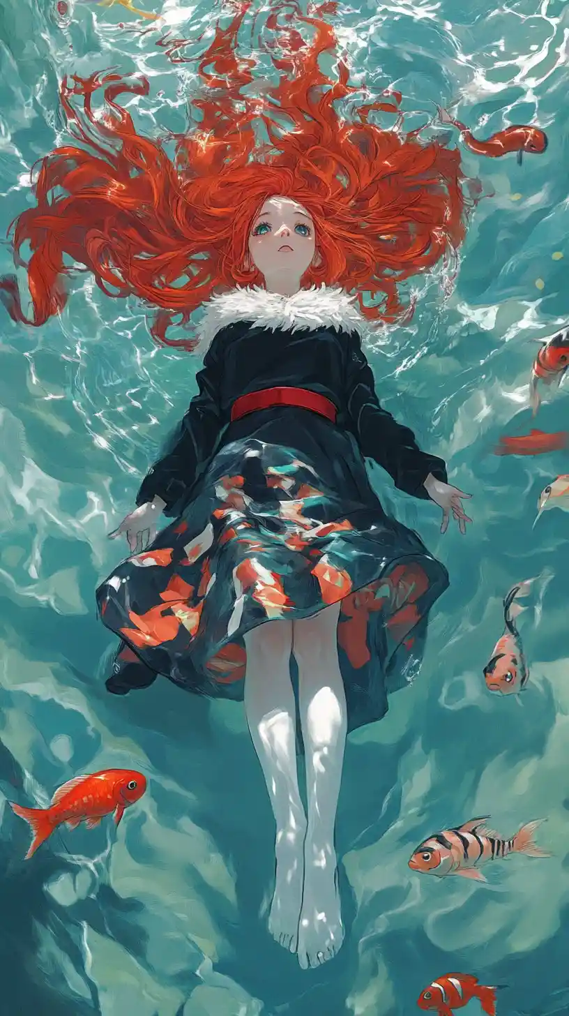 Anime girl with red hair floating on calm water