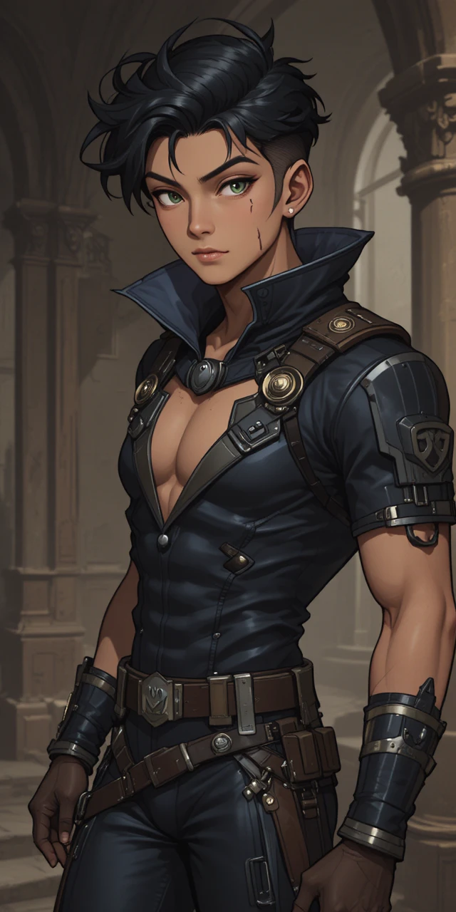 Clever young anime thief with dark hair and green eyes