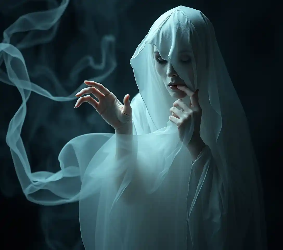 Ghostly white witch whispering lies with surreal dark humor