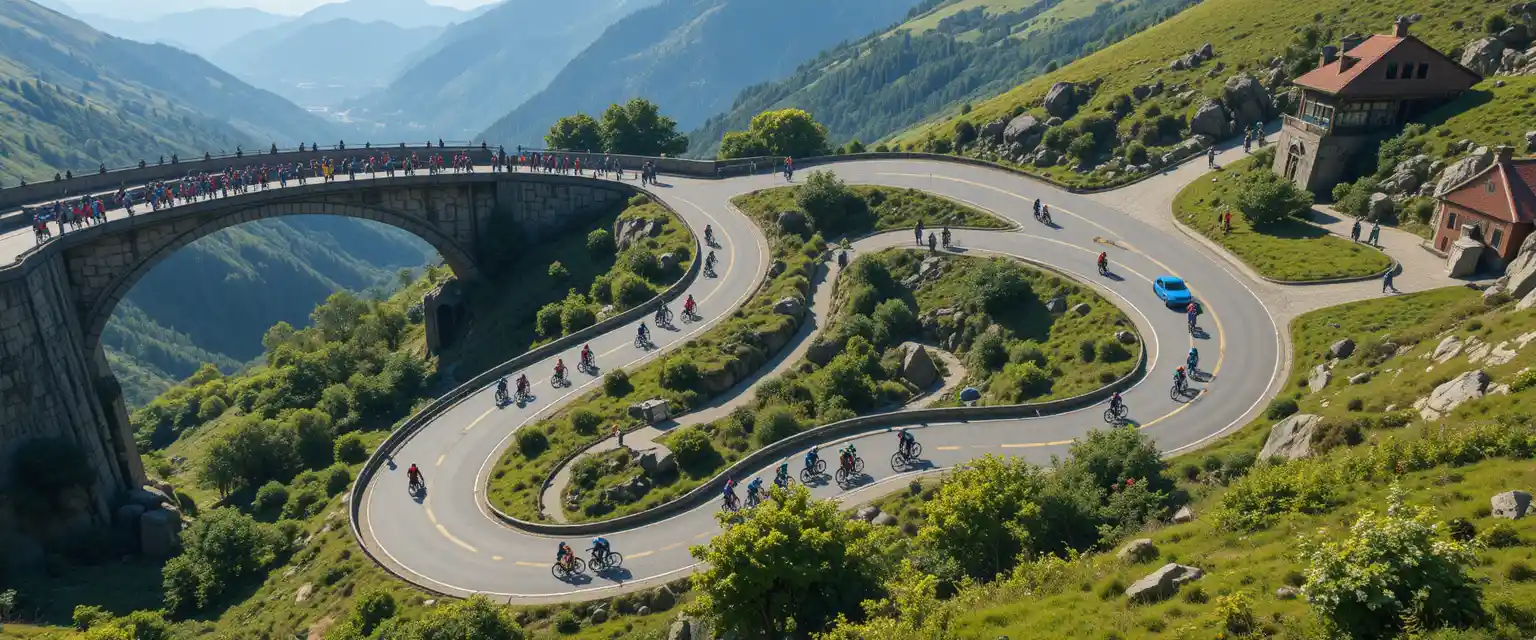 Ciclistas suben una sinuosa carretera de montaña en vista aérea