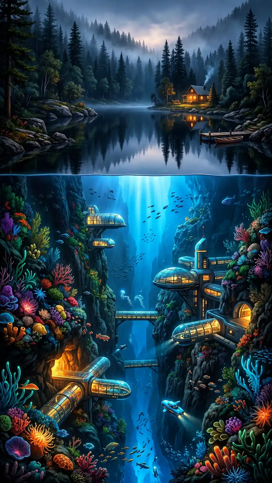 Mystical forest lake cross section with deep luminous gorge