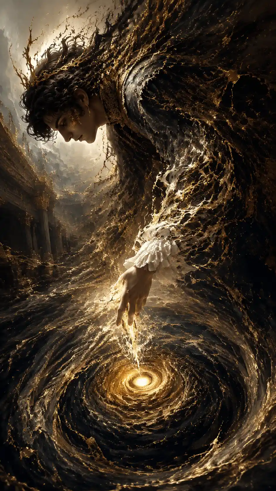 Figure dissolving into swirling luminous vortex below