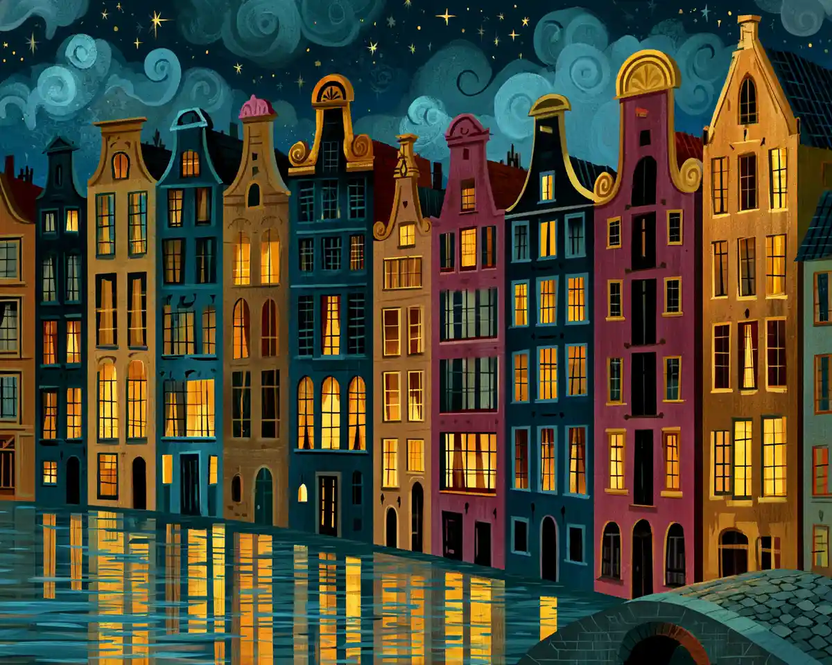 Whimsical Amsterdam canal houses under a magical night sky