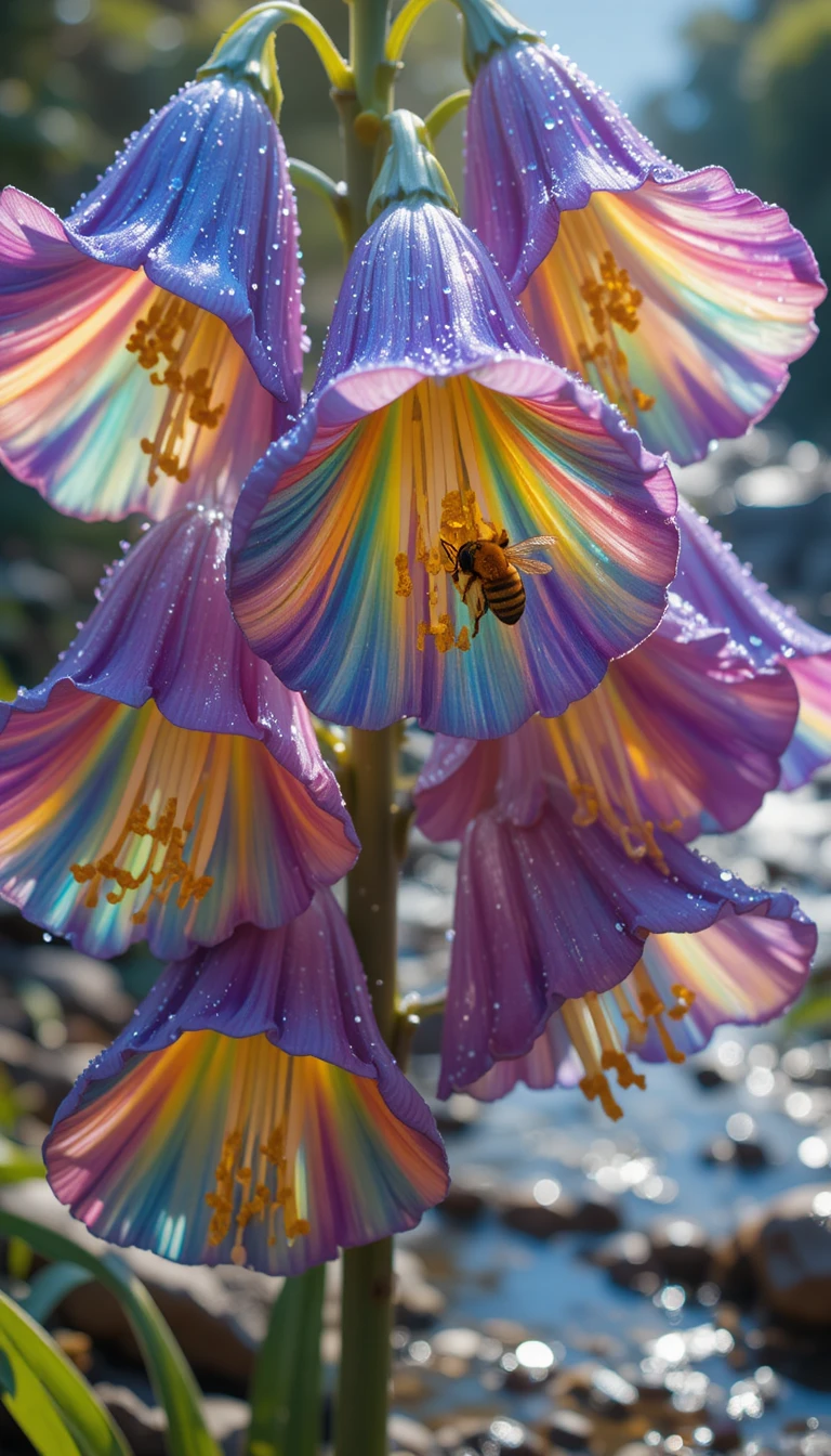 Macro close up of rainbow bluebell flowers with bumblebee