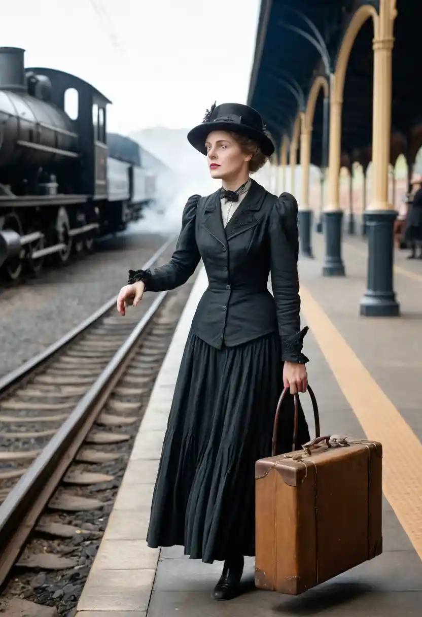 Vintage woman rushing with suitcase at steam train station