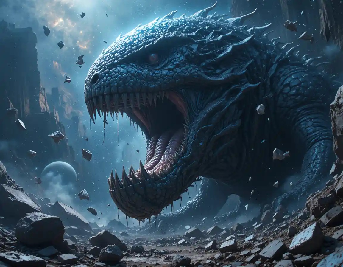 Colossal cosmic monster devouring a shattered drifting planet