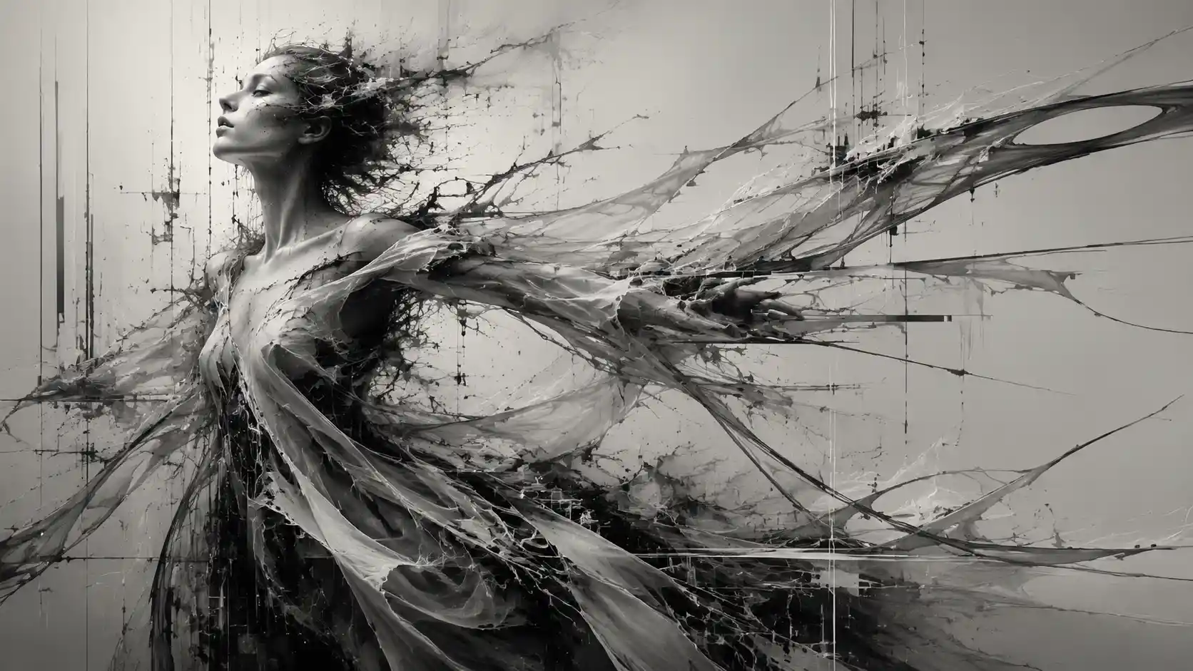 Grayscale Abstract Form Unraveling Into Elongated Flowing Shapes