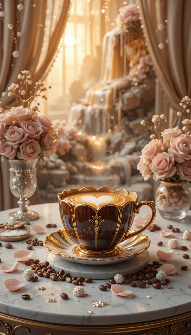 Romantic close up of latte art coffee on marble table