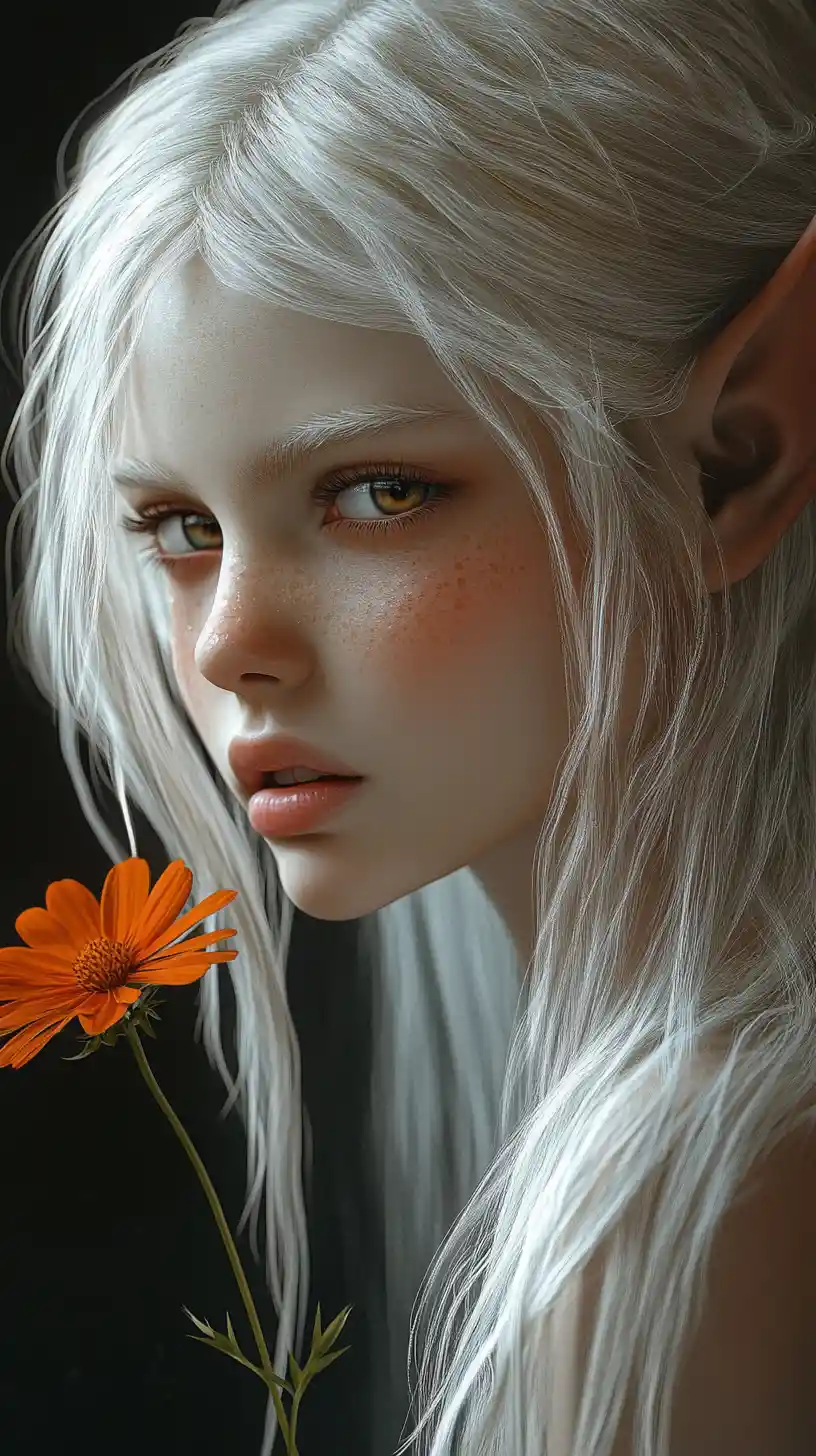 Elf girl portrait beside a single orange wildflower