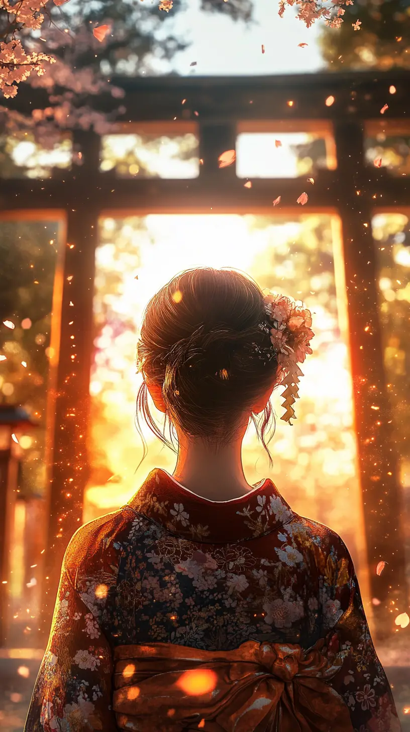 Anime-Frau im Kimono an einem leuchtenden Torii-Tor in der Dämmerung