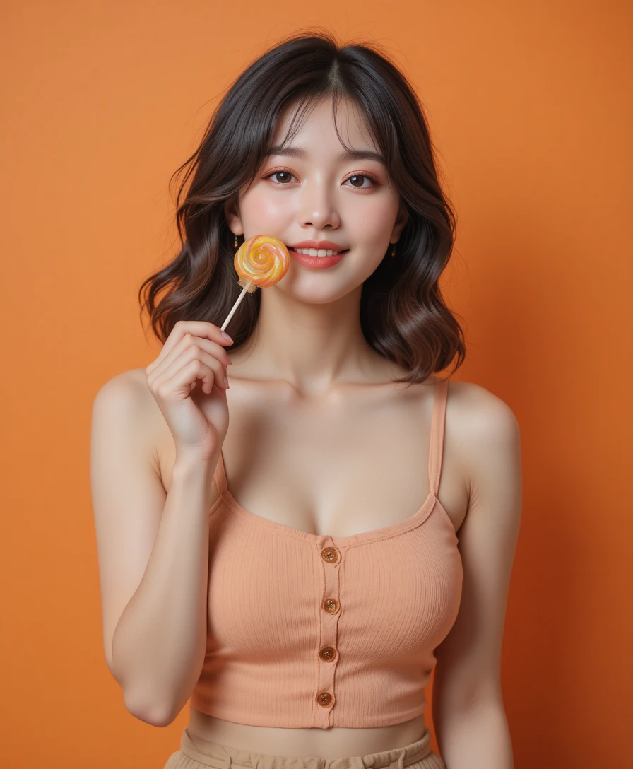 Cheerful Korean woman with lollipop against orange studio backdrop