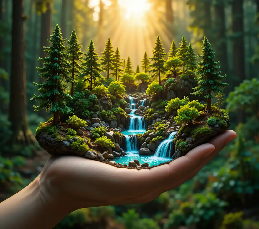 Miniature forest diorama with waterfalls held in a hand