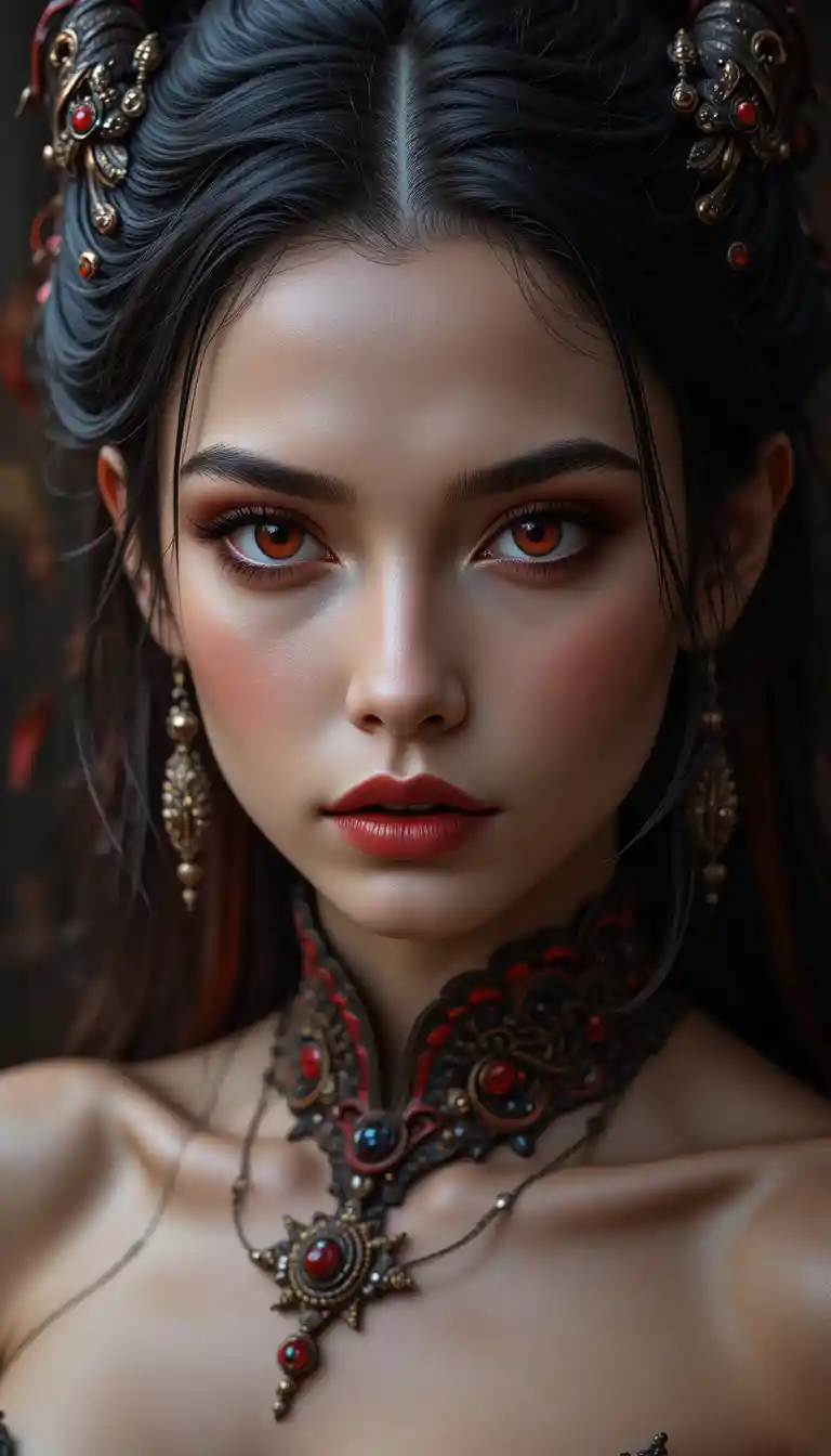 Powerful draconic warrior woman in ornate red armor