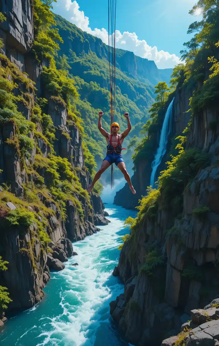 Man bungee jumping above a wild river canyon
