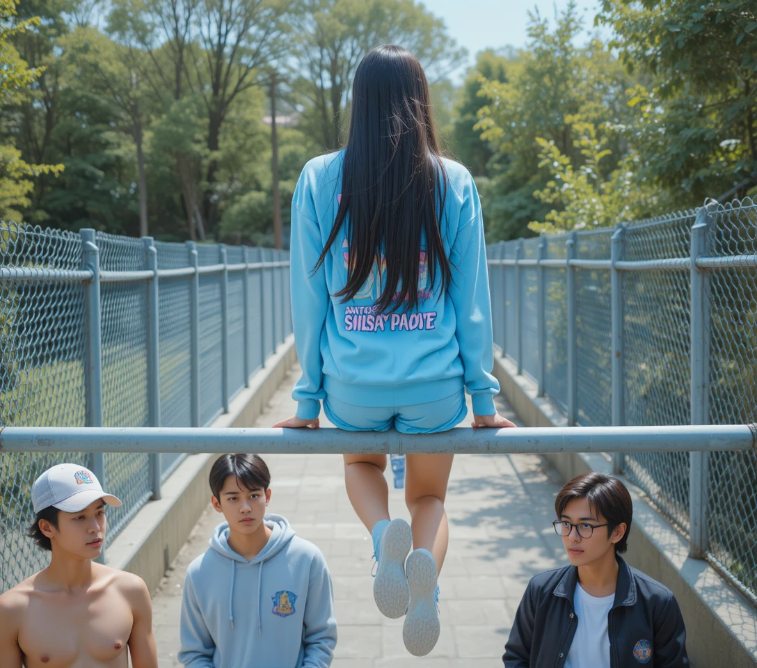 Young woman on railing above group in urban park