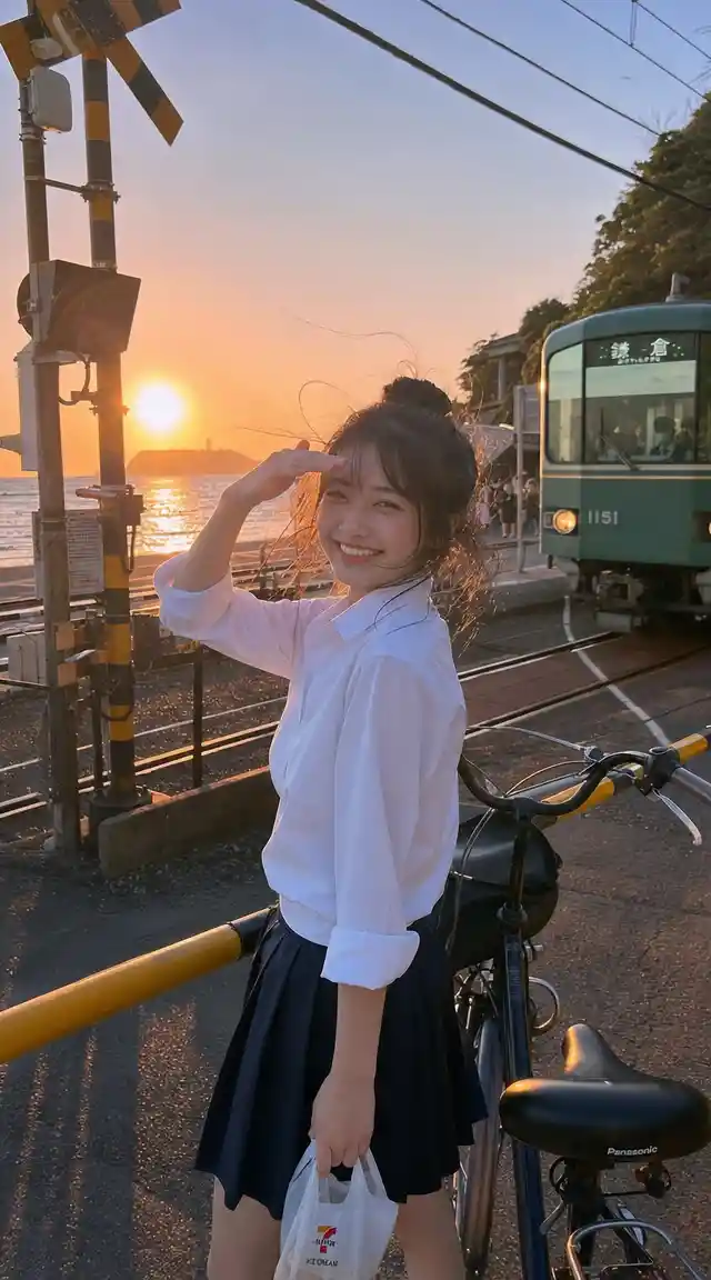 Smiling girl with bicycle at seaside crossing sunset