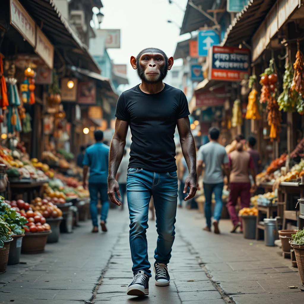 Anthropomorphic monkey walking through busy Indian street market