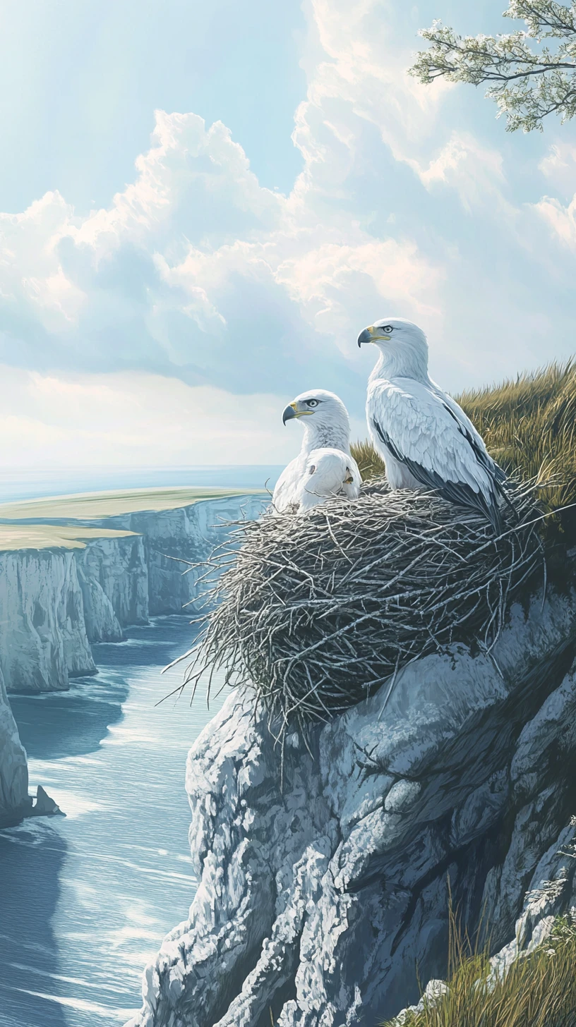 Eagle family resting in a cliffside nest above the sea