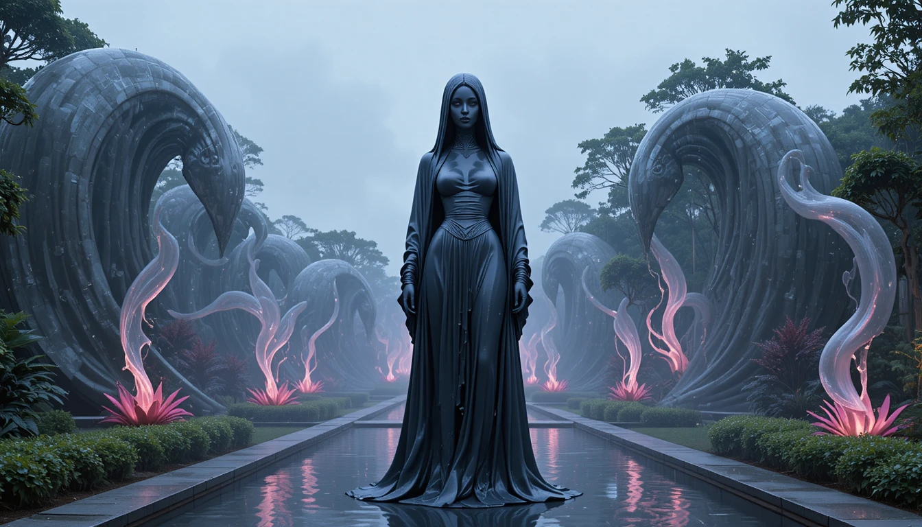 Estatua mística de látex en un jardín de fantasía alienígena