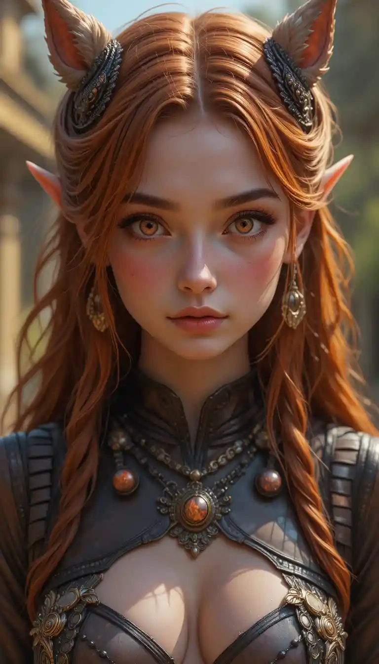 Young fantasy girl with amber eyes and braided copper hair