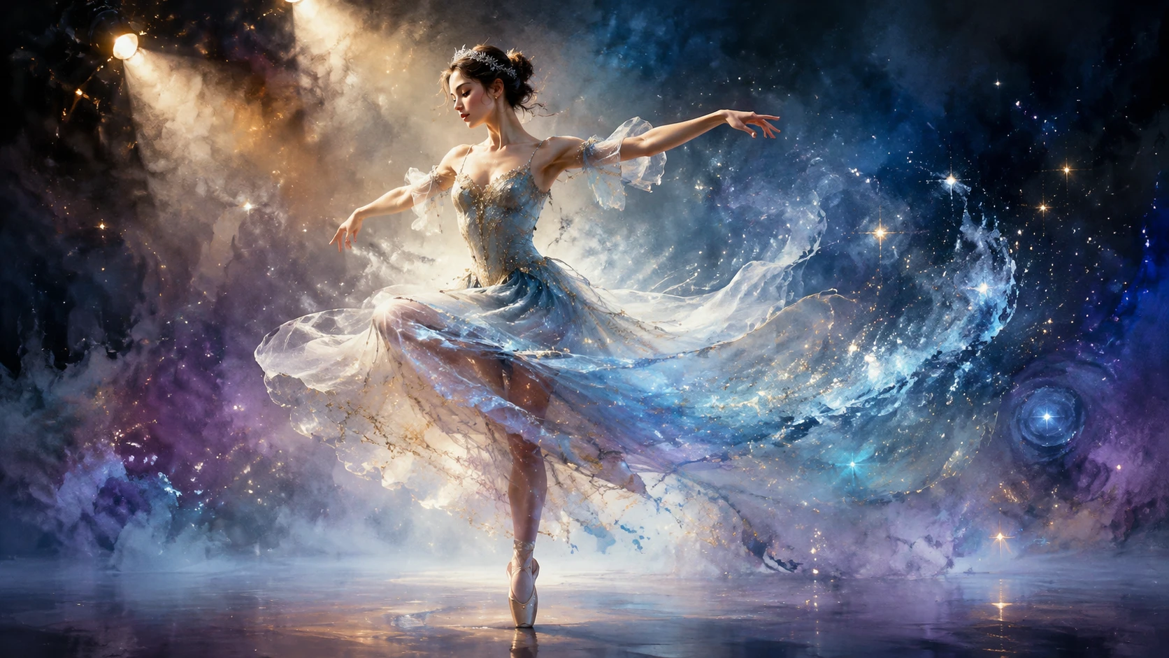 Ballet dancer spinning on a moonlit misty stage