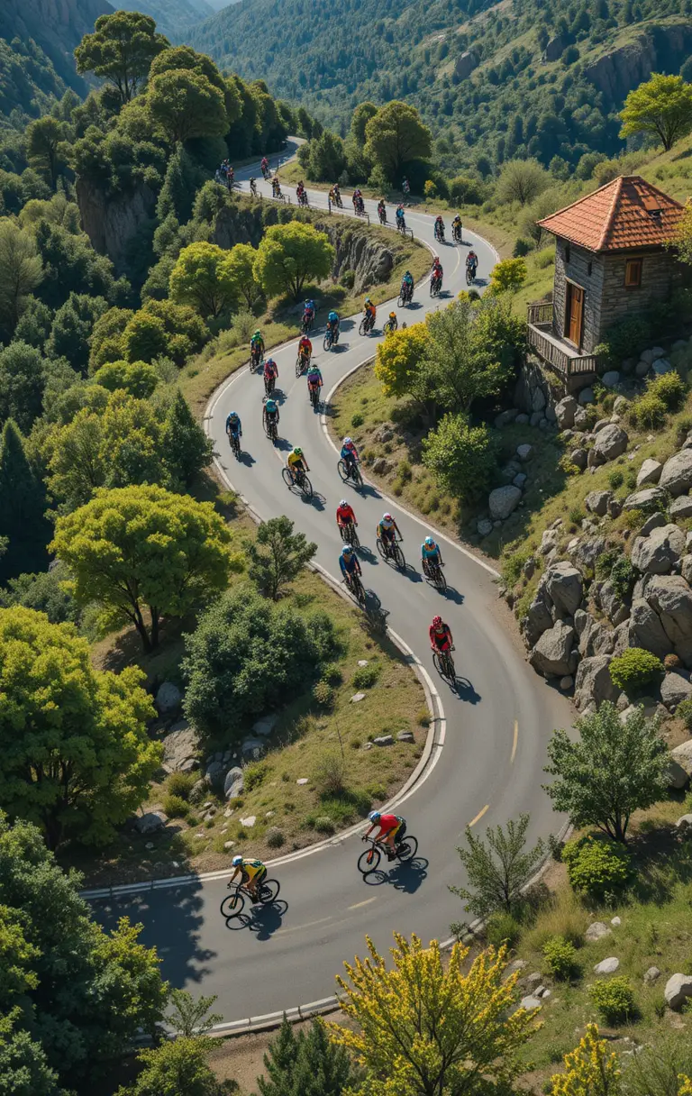 Cyclists Racing Along Winding Mountain Road Switchbacks