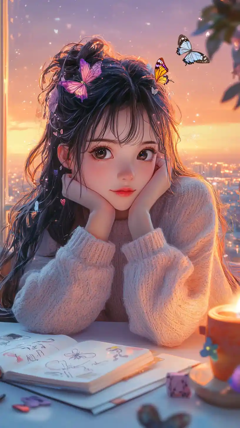 Anime girl sketching in a cozy butterfly themed bedroom