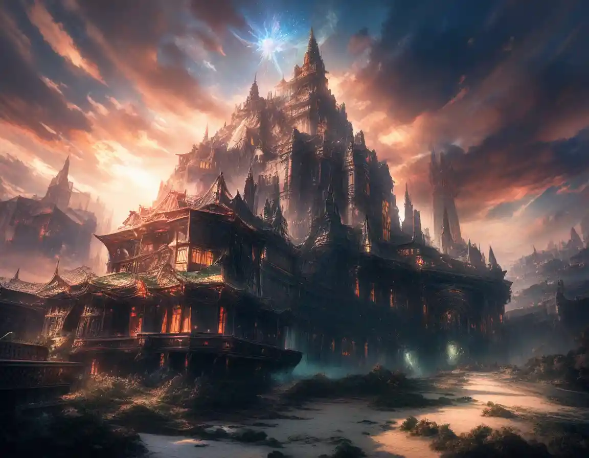 Modern city skyline revealing a buried stone colossus face