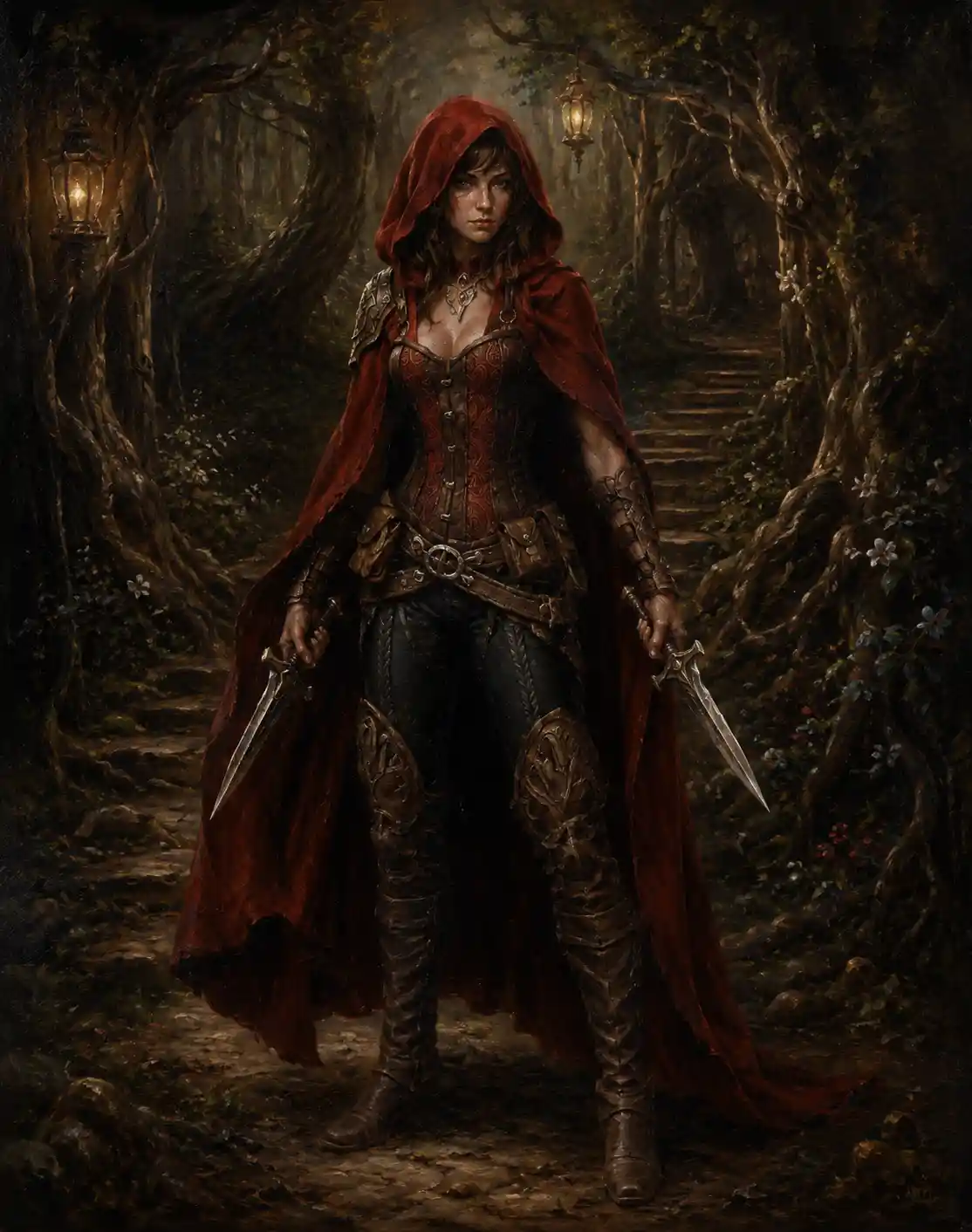 Renaissance style portrait of a hooded girl with daggers