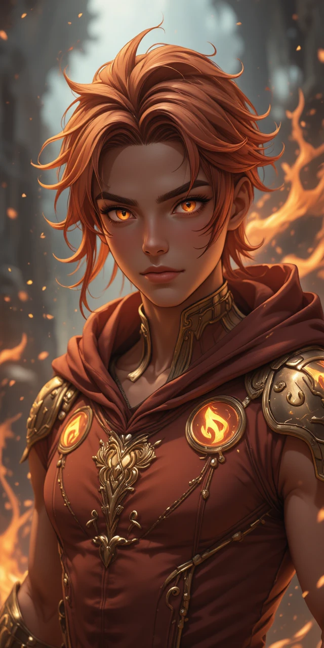 Fiery archer demigod with phoenix wings in anime style