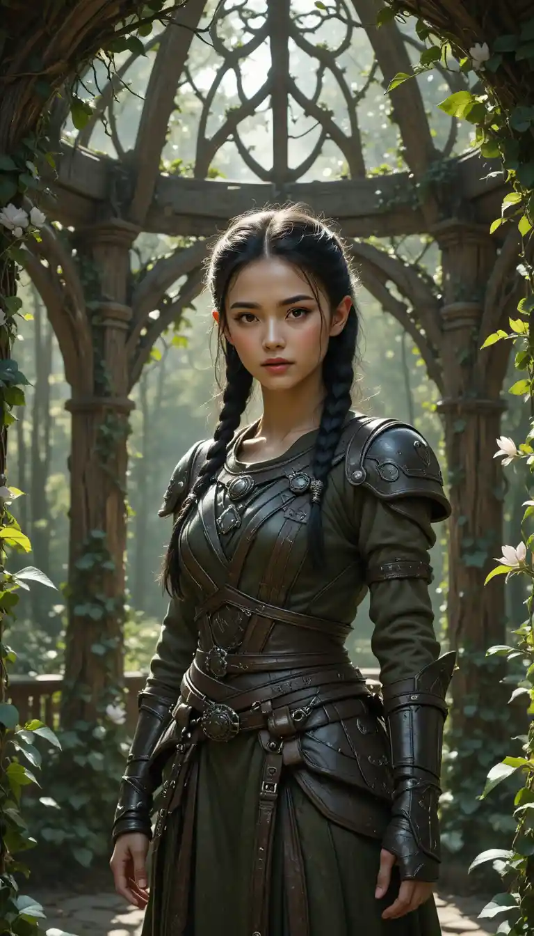 Elf warrior girl in a sunlit enchanted forest gazebo