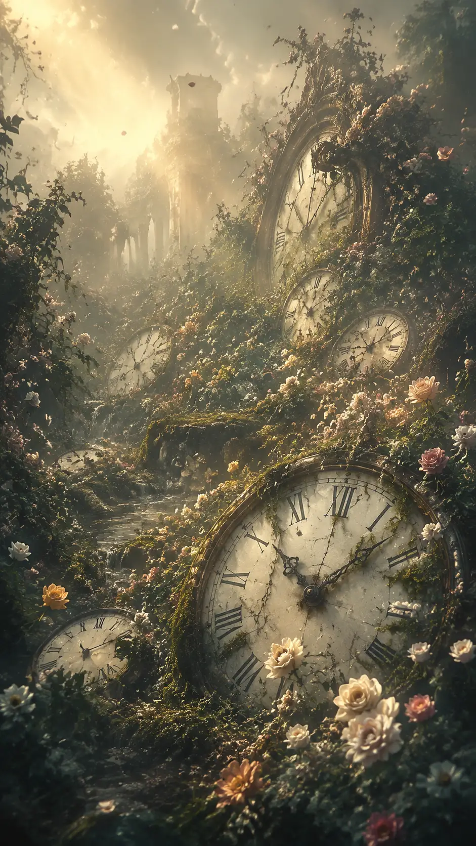 Overgrown Garden Of Broken Clocks Reclaimed By Nature