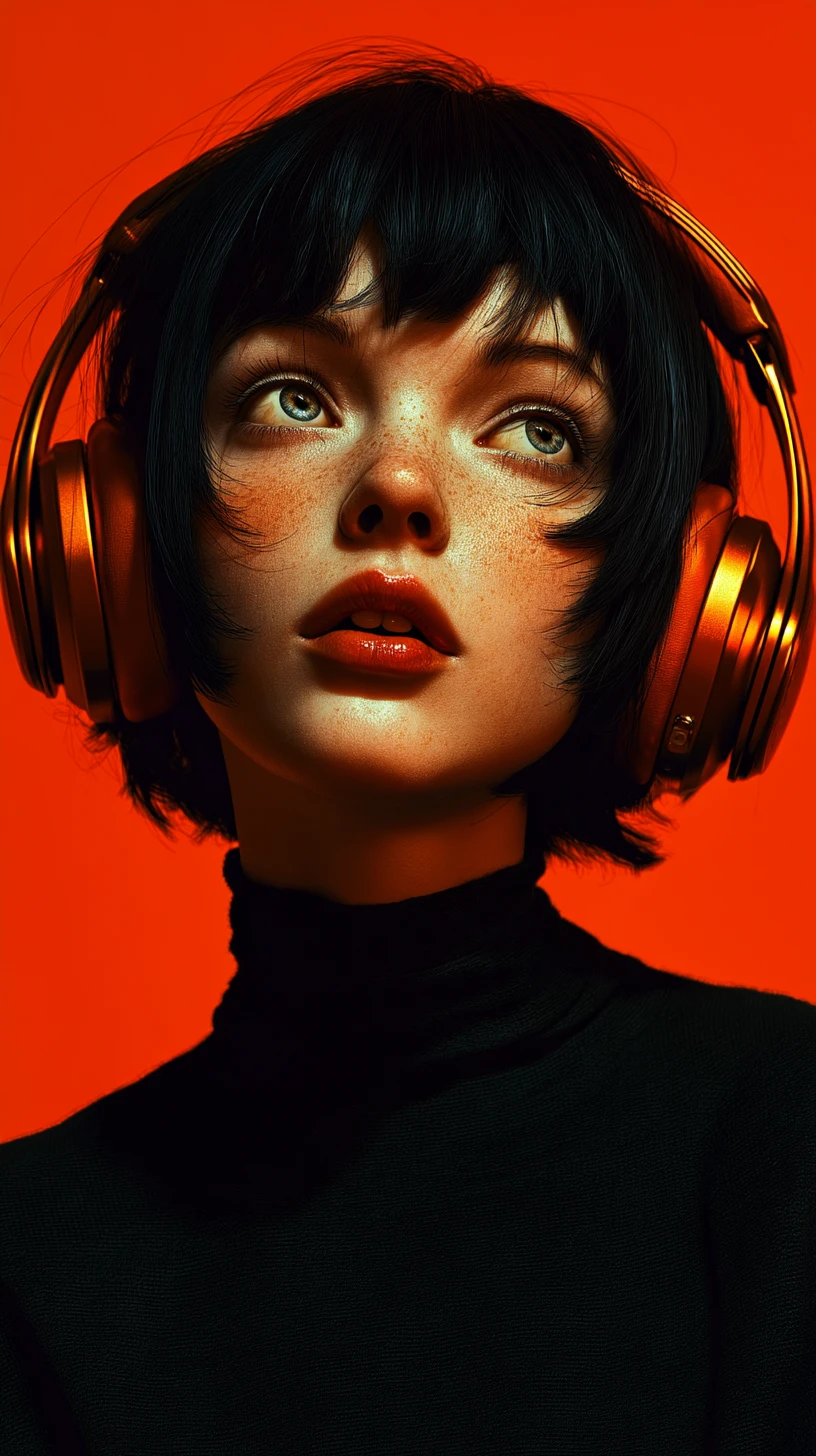 Joven con auriculares y mirada cinematográfica y soñadora