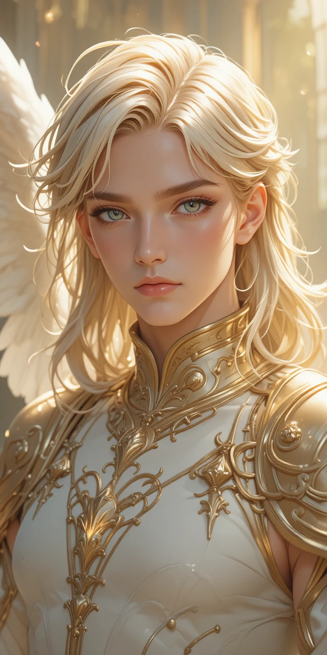 Golden eyed angelic man with white wings in anime style