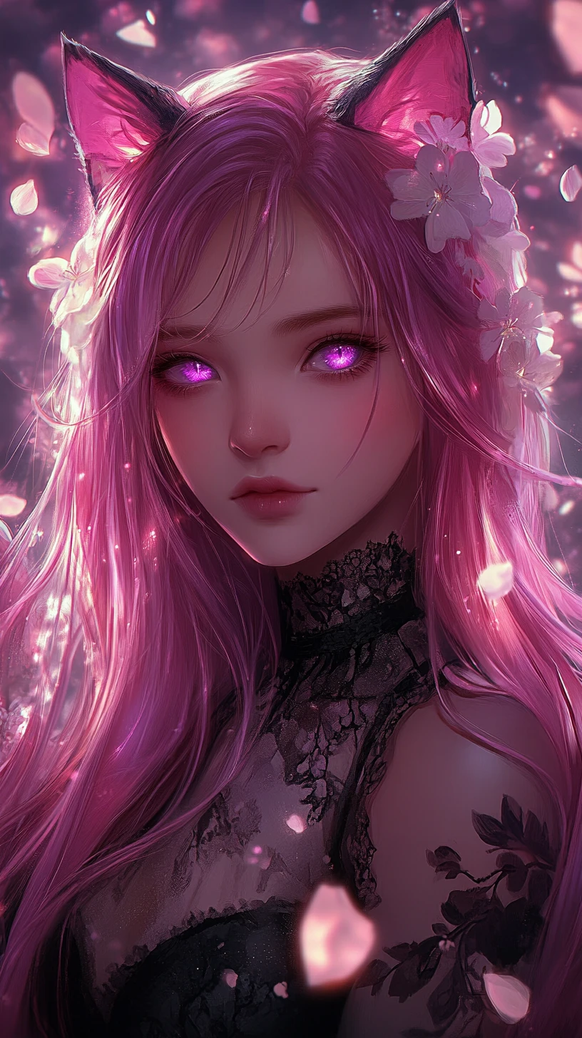 Anime-Mädchen mit rosa Haaren, leuchtenden Blumen und Bokeh