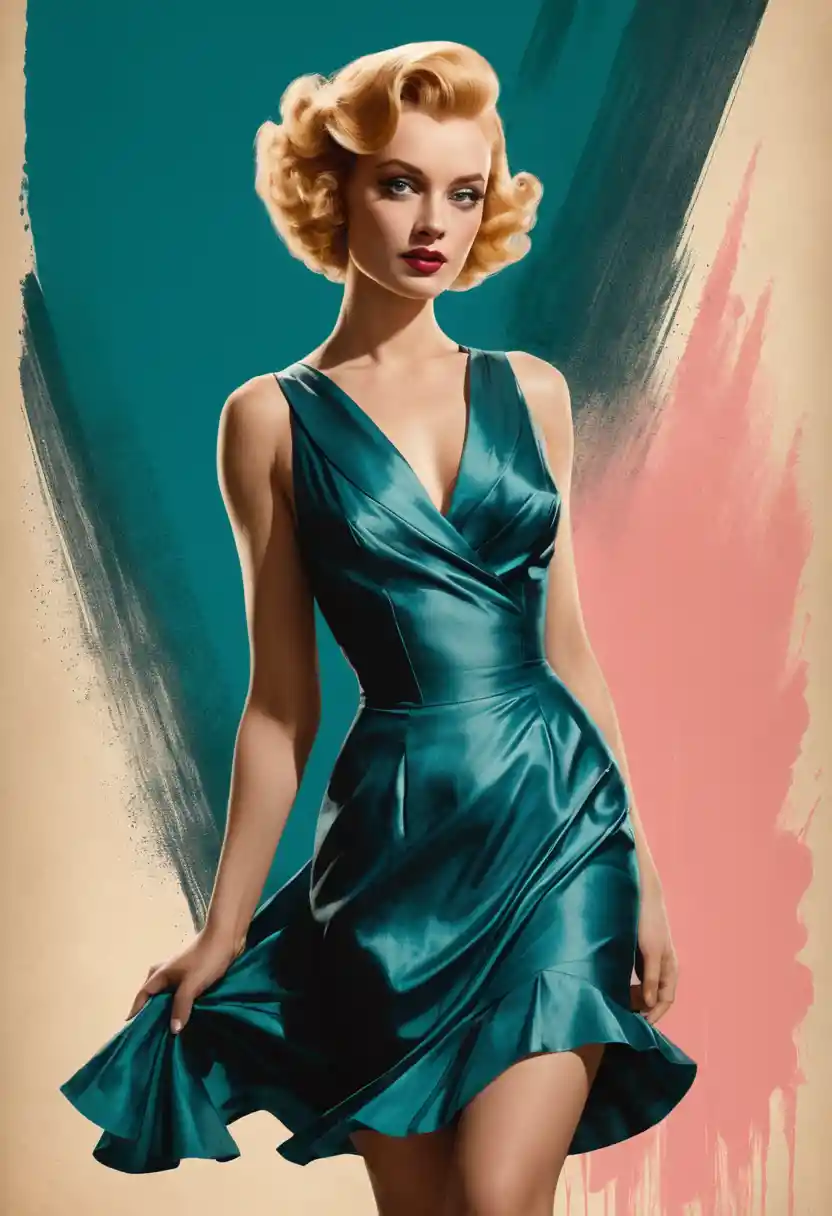 Blonde pin up woman in metallic cyan satin dress