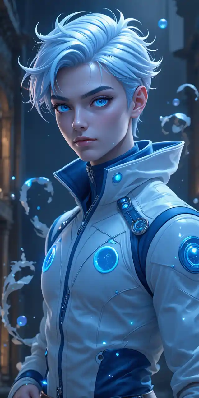 Young blue marked anime man with glowing portals