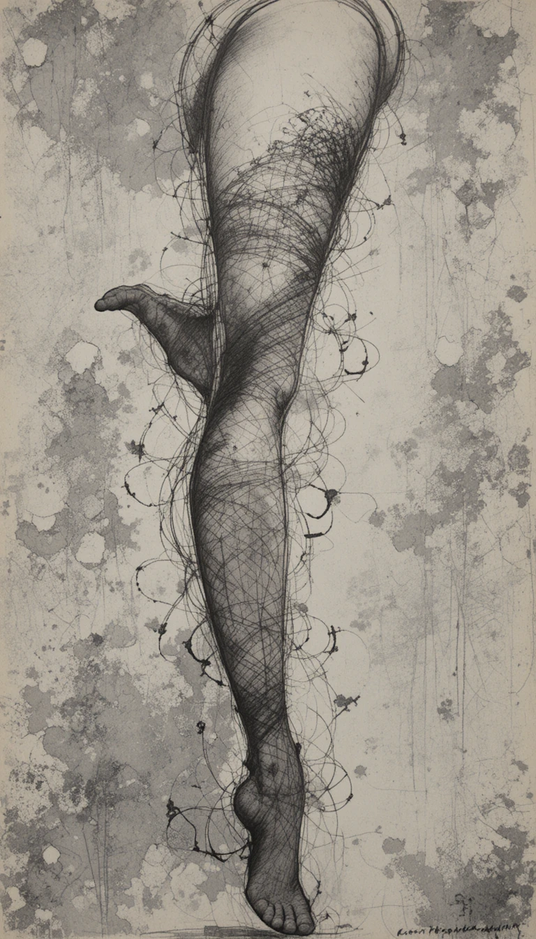 Charcoal drawing of a woman’s leg in elegant stockings