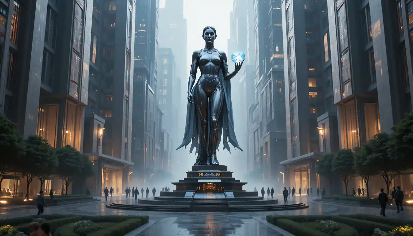 Futuristic latex guardian statue in a luminous civic square