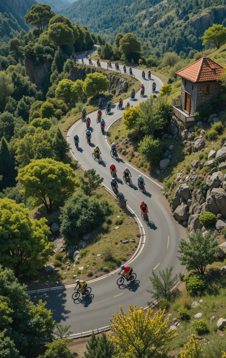 Cyclists Racing Along Winding Mountain Road Switchbacks